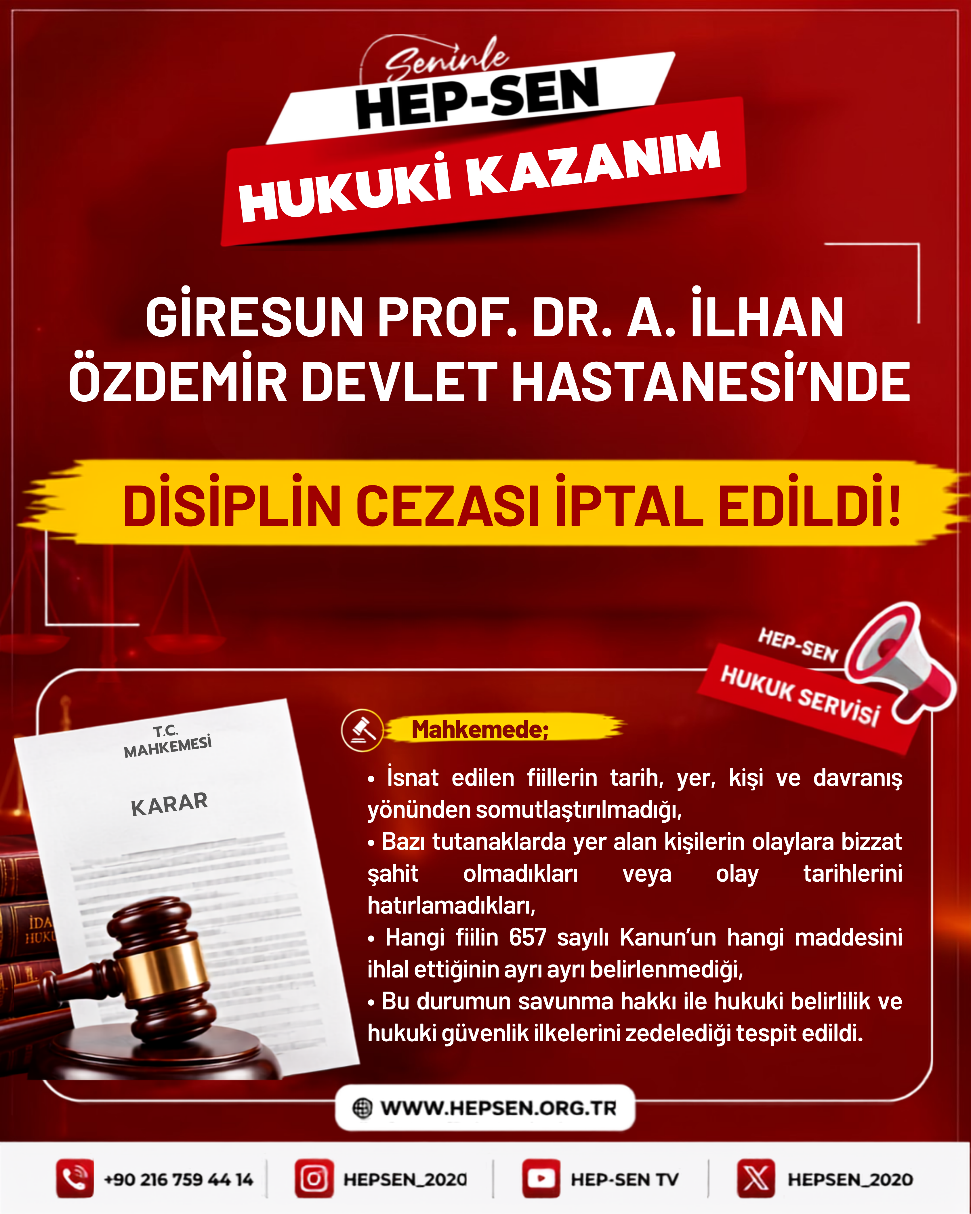 Giresun Prof. Dr. A. İlhan Özdemir Devlet Hastanesi’nde Disiplin Cezası Mahkeme Kararıyla İptal Edildi
